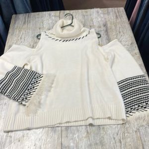 Venus cream and black cold shoulder cut out turtleneck sweater,wide sleeves